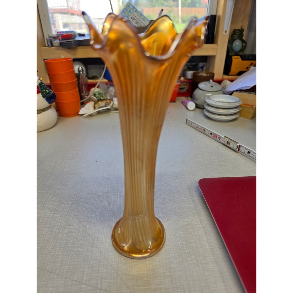 Vintage Marigold Carnival Glass Swung Bud Vase Ruffled Scalloped Rim 9.5 Inch